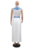 White Casual Patchwork Hollow Out Slit V Neck Dresses