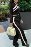 Orange Casual Stripe Pocket Patchwork Zipper Zipper Collar Long Sleeve Two Pieces