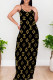 Black Gold Sexy Letters Patchwork Backless Spaghetti Strap Sling Dresses