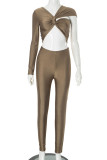 Coffee Sexy Solid Color Hollow Out Patchwork V Neck Long Sleeve Two Pieces