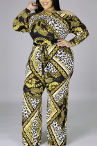Yellow Casual Knitting Print Patchwork Oblique Collar Regular Plus Size Jumpsuits