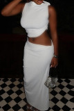 White Elegant Solid Color Patchwork Ruched O Neck Sleeveless Two Pieces