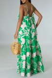 Green Casual Print Backless Spaghetti Strap Long Dresses