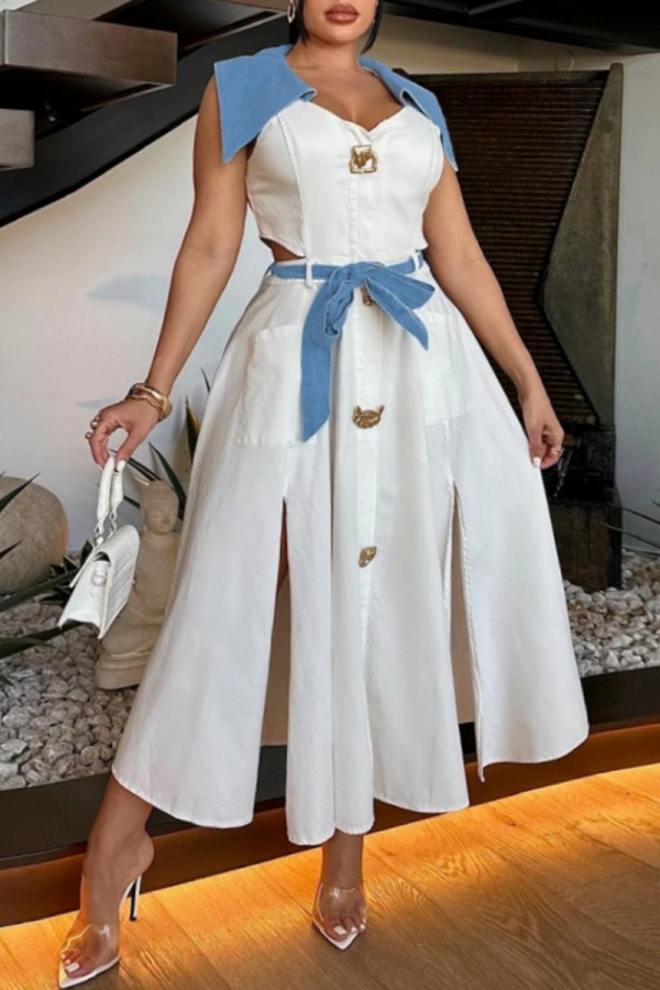 White Casual Patchwork Hollow Out Slit V Neck Dresses