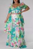 Green Casual Print Hollow Out Square Neck Long Dresses