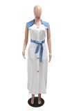 White Casual Patchwork Hollow Out Slit V Neck Dresses