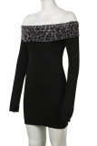 Black Sexy Leopard Print Patchwork Backless Off Shoulder Wrapped Skirt Dresses