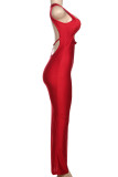 Red Sexy Solid Color Patchwork Backless Asymmetrical Collar Long Dresses