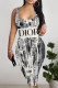 Black And White Casual Letter Print Gradient Contrast U Neck Printed Dresses