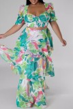 Green Casual Print Hollow Out Square Neck Long Dresses