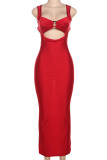 Red Sexy Solid Color Patchwork Backless Asymmetrical Collar Long Dresses