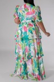 Green Casual Print Hollow Out Square Neck Long Dresses
