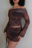 Brown Elegant Print Draw String Patchwork Backless Off Shoulder Long Sleeve Two Pieces
