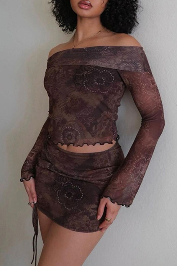 Brown Elegant Print Draw String Patchwork Backless Off Shoulder Long Sleeve Two Pieces