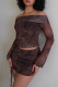 Brown Elegant Print Draw String Patchwork Backless Off Shoulder Long Sleeve Two Pieces