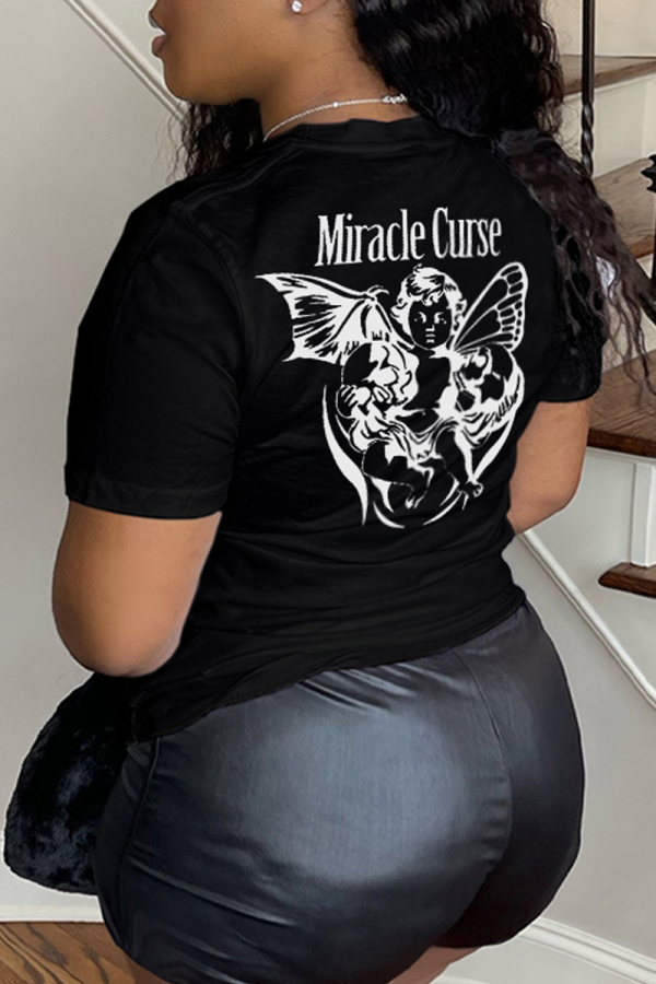 Black Casual Street Cartoon Print Letters O Neck T-Shirts