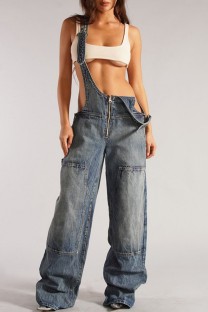 Light Blue Casual Solid Color Zipper Spaghetti Strap Sleeveless Straight Denim Jumpsuits
