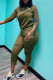 Army Green Casual Embroidery Draw String Pocket Patchwork Zipper Hooded Long Sleeve Two Pieces
