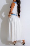 White Casual Patchwork Hollow Out Slit V Neck Dresses