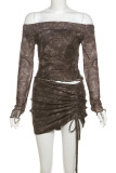 Brown Elegant Print Draw String Patchwork Backless Off Shoulder Long Sleeve Two Pieces