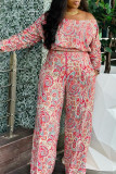 Multicolor Casual Street Daily Mixed Printing Printing Off the Shoulder Long Sleeve Two Pieces