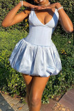Light Blue Sexy Solid Color Patchwork V Neck Sling Dresses