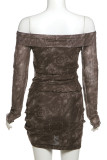 Brown Elegant Print Draw String Patchwork Backless Off Shoulder Long Sleeve Two Pieces