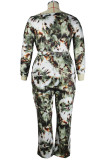 Green Casual Knitting Print Patchwork Oblique Collar Regular Plus Size Jumpsuits
