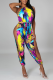 Colour Sexy Print Hollowed Out Halter Skinny Jumpsuits