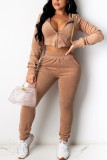 Black Fashion Casual Adult Flocking Solid Draw String Hooded Collar Long Sleeve Regular Sleeve Short Two Pieces