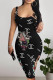Black Sexy Animal Print Letters Contrast U Neck Printed Dresses