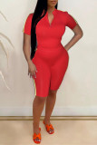 Red Fashion Casual Print Patchwork Zipper Collar Short Sleeve Two Pieces