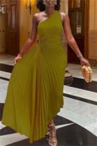 Olive Green Casual Solid Color Hollow Out Backless Ruched Oblique Collar Long Dresses