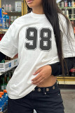 White Casual Letters Patchwork Contrast O Neck Tops