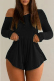 Cyan Sexy Solid Color Hollow Out Patchwork Ruched Strap Design Oblique Collar Loose Rompers