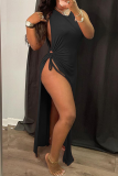 Yellow Sexy Solid High Opening O Neck Irregular Dress Dresses