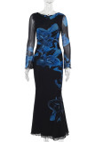 Black Elegant Print Patchwork O Neck Long Dresses