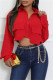 Red Casual Solid Color Pocket Buttons Shirt Collar Tops