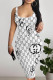 White Sexy Plaid Animal Print Letters Contrast U Neck Printed Dresses