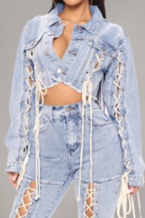 Sky Blue Casual Solid Color Belted Turndown Collar Long Sleeve Regular Denim Jacket