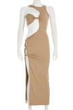 Black Elegant Solid Color Hollow Out Patchwork O Neck Long Dresses