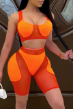 Orange Sexy Solid Mesh Square Collar Sleeveless Two Pieces