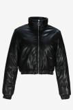 Black Casual Solid Color Zipper Mandarin Collar Outerwear