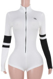 White Sexy Stripe Patchwork Zipper Zipper Collar Skinny Rompers