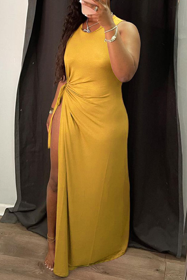 Yellow Sexy Solid High Opening O Neck Irregular Dress Dresses