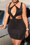 Black Sexy Solid Hollowed Out Halter Pencil Skirt Dresses