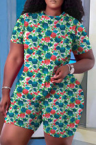 Red Green Casual Print Basic O Neck Short Sleeve Two Pieces