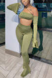 Green Casual Solid Bandage Backless Strapless Long Sleeve Two Pieces