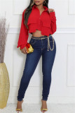 Red Casual Solid Color Pocket Buttons Shirt Collar Tops