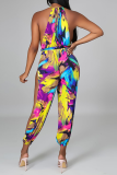 Colour Sexy Print Hollowed Out Halter Skinny Jumpsuits